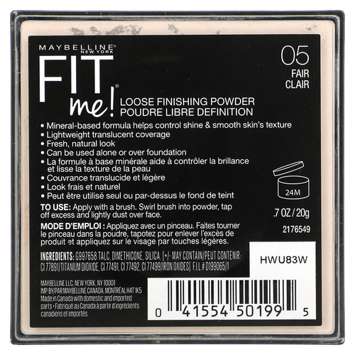 Maybelline, Fit Me, рассыпчатая финишная пудра, оттенок 05 «Светлый», 20 г
