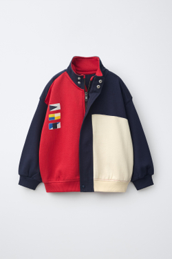 ZARA ФЛИСОВЫЙ БОМБЕР С НАШИВКАМИ, МОРСКОЙ СИНИЙ
