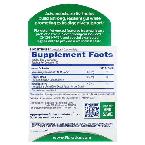 Florastor, Advanced, Gas & Bloat, 30 Vegetarian Capsules