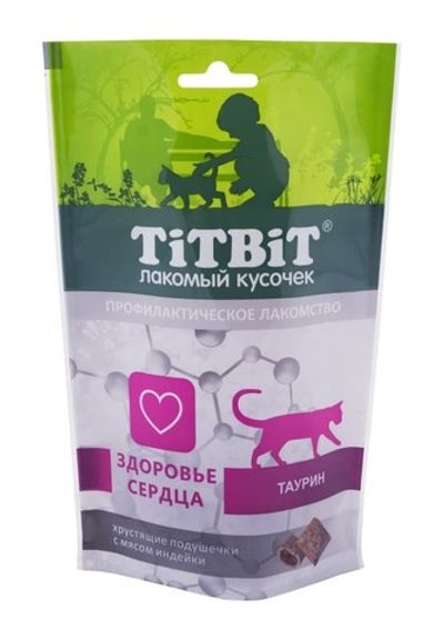 Лакомство для кошек TitBit Хрустящие подушечки с мясом индейки, здоровье сердца, пакет 60 г
