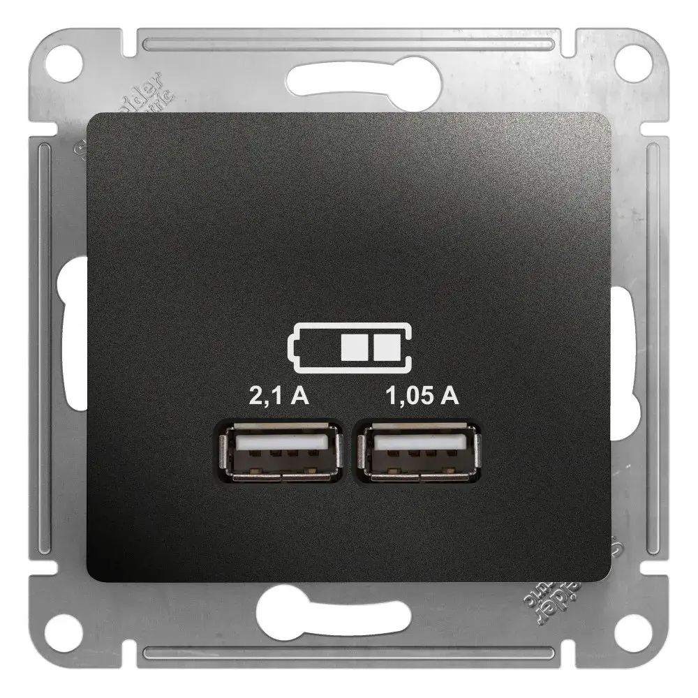 GLOSSA USB РОЗЕТКА А+А, 5В/2,1А, 2х5В/1,05А, механизм, АНТРАЦИТ