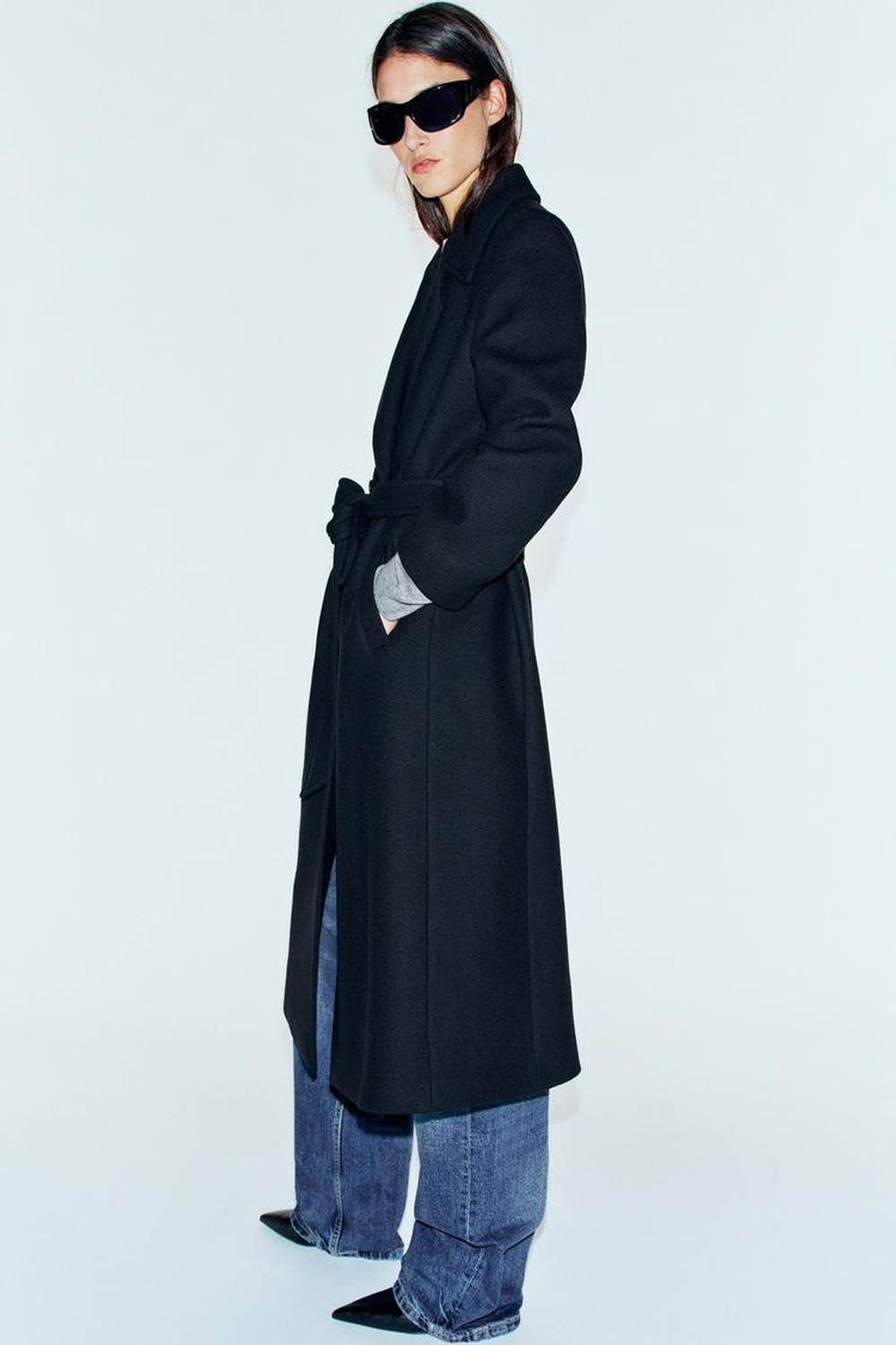 ZARA ДЛИННОЕ ШЕРСТЯНОЕ ПАЛЬТО С ПОЯСОМ, ЧЕРНЫЙ
