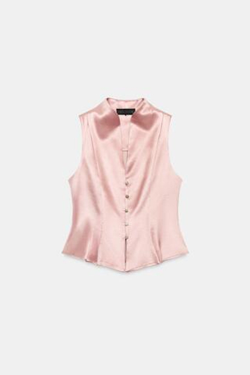 ZARA АТЛАСНЫЙ ТОП С ДЕКОРАТИВНЫМИ ПУГОВИЦАМИ, РОЗОВЫЙ