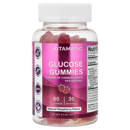 Vitamatic, Жевательные мармеладки с глюкозой, натуральная малина, 60 жевательных мармеладок, 150 г (5,3 унции)