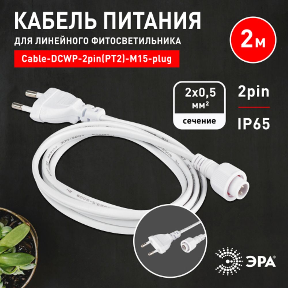 Кабель питания для линейного светильника ЭРА Cable-DCWP-2pin(PT2)-M15-plug 2m | Аксессуары для фито светильников