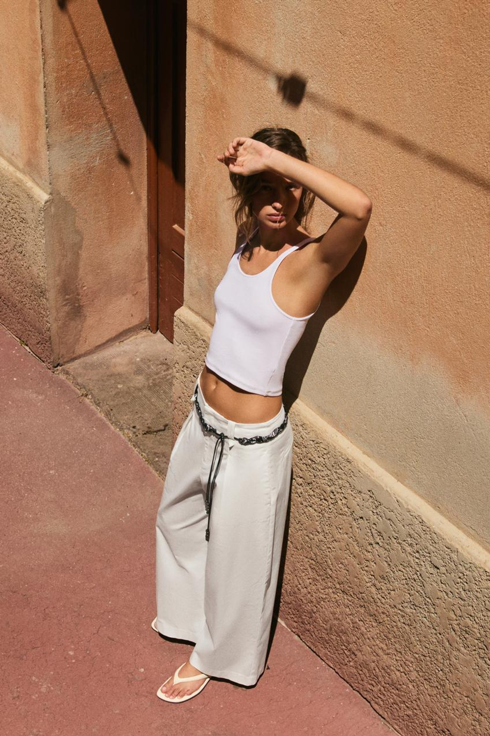 ZARA БРЮКИ ИЗ ПОПЛИНА С ПОЯСОМ-ПЛАТКОМ, БЕЛЫЙ