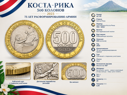 Коста-Рика 500 колонов, 2023 75 лет расформированию Армии UNC