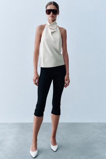 ZARA АТЛАСНЫЙ ТОП С ГОРЛОВИНОЙ ХАЛТЕР, ЭКРЮ