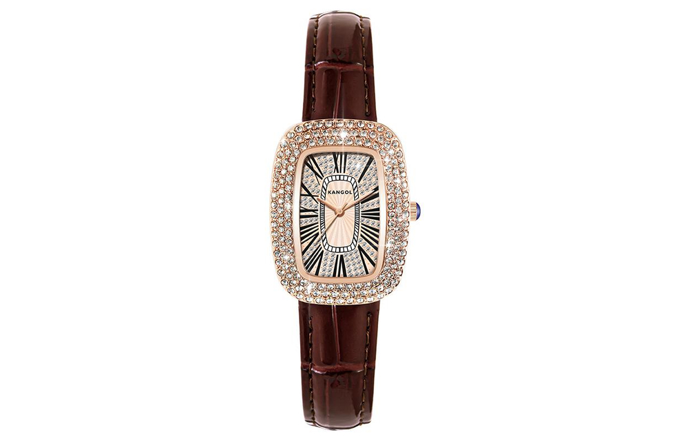KANGOL Quartz Movement Genuine Leather Strap Watch Women"s Watch Gold Dial