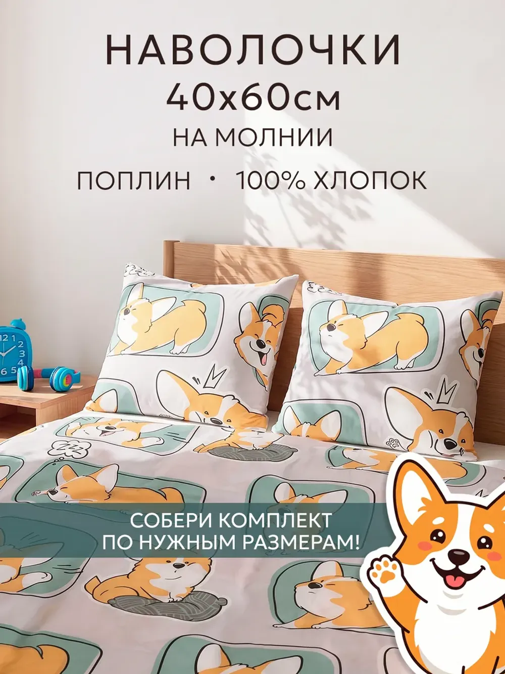 Наволочка 40х60 на молнии 2шт поплин Корги