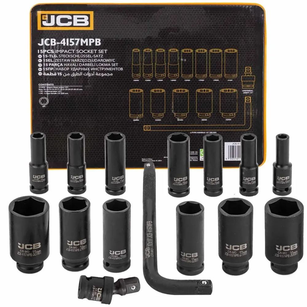 Головки ударные глубокие, набор 15пр., 1/2''(6гр.) JCB JCB-4157MPB