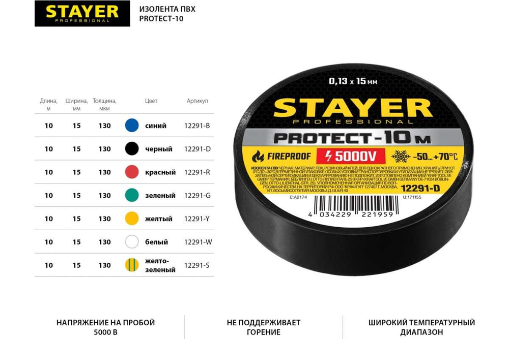 Изолента STAYER Protect-10 ПВХ 10м (0,13х15 мм), синяя 12291-B