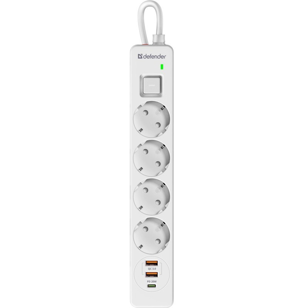 Удлинитель с сетевым фильтром Defender DFS 141, белый, 4розетки, USB+TypeC, 1.5 м.