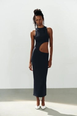 ZARA ЭЛАСТИЧНОЕ ПЛАТЬЕ МИДИ С РАЗРЕЗОМ, СИНИЙ