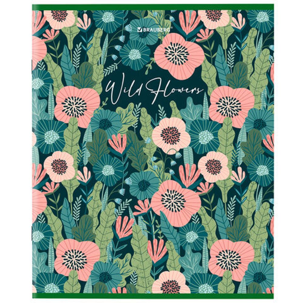 Тетрадь А5, 96 л., BRAUBERG, скоба, клетка, глянцевая ламинация, "Wild Flowers", 404429, 5шт