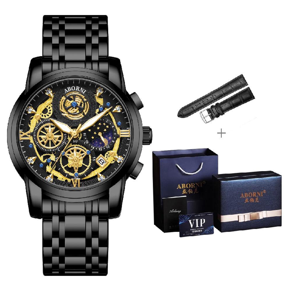 ABORNI Quartz Movement Stainless Steel Watchband Watch Men"s Watches Black Dial