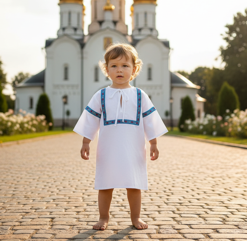 Крестильная Рубашка "Небесная Роса" (синяя тесьма)