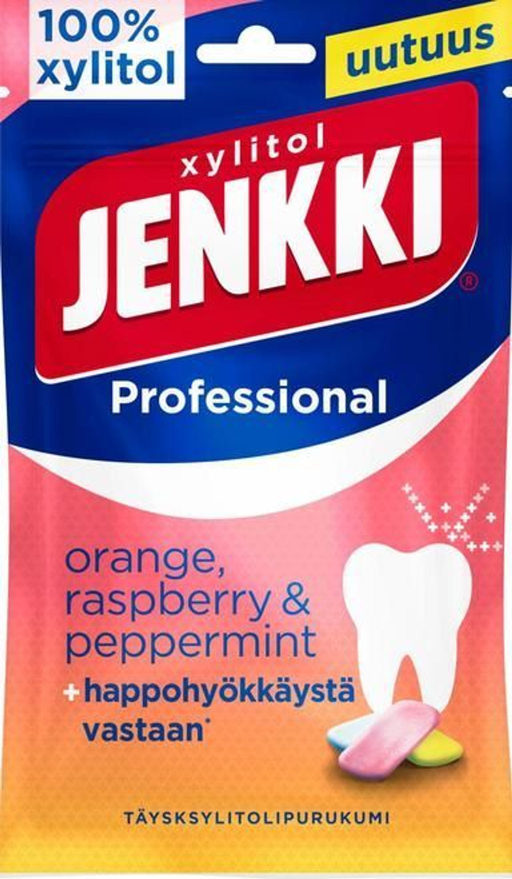 Жевательная резинка Jenkki Professional Апельсин, малина и мята с ксилитом 90 г (из Финляндии)