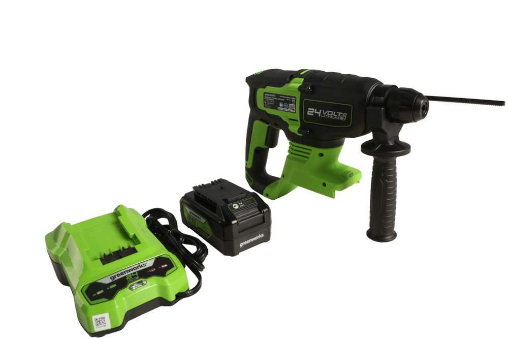 Аккумуляторный перфоратор Greenworks GD24SDS2, 3803007UB,24v, 2 Дж, АКБ 4 А·ч и ЗУ в сумке