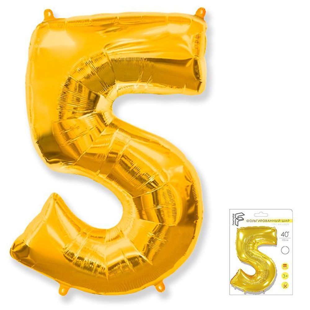 Шар (40"/102 см) Цифра "5" Золото в упаковке / Five