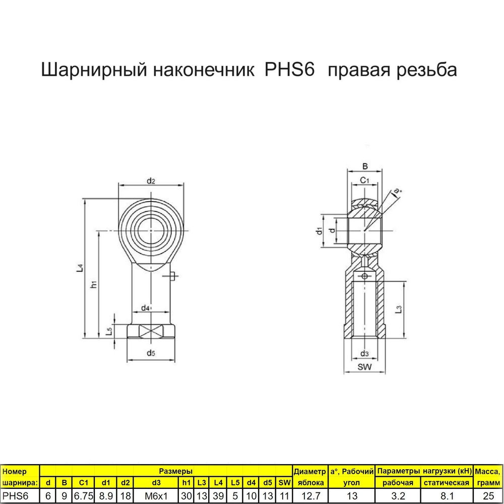 Шарнирный наконечник М10 / PHS10L внутренняя левая резьба / для ЧПУ и спецтехники