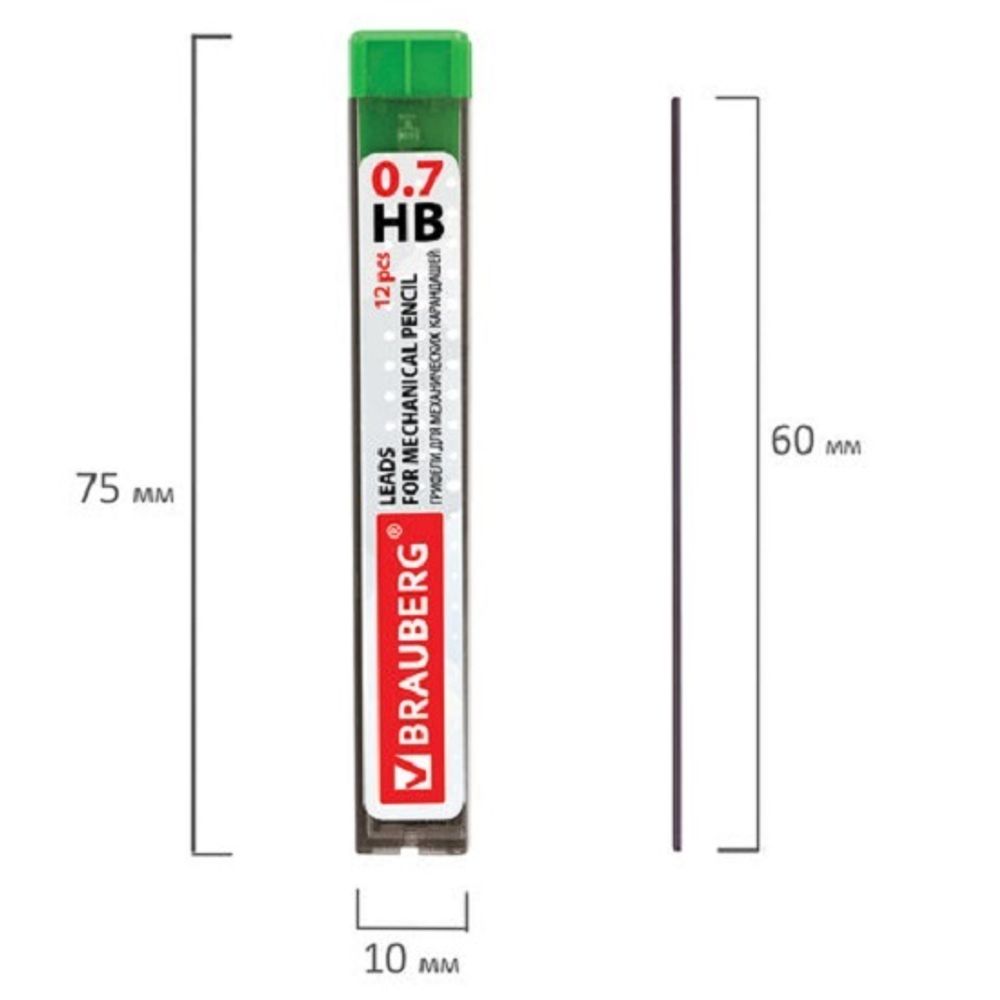 Грифели для механических карандашей, Brauberg Hi-Polymer, 0.7мм, HB, 12шт упак.