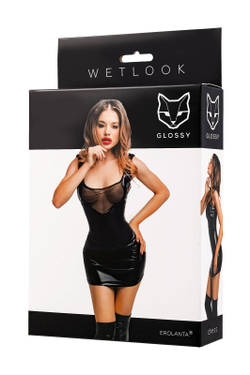 Glossy Rimma - Платье с сеточкой из материала Wetlook, черное, L