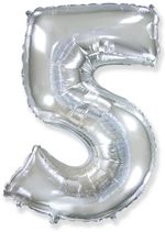 Шар (40"/102 см) Цифра, 5, Серебро 1 шт.