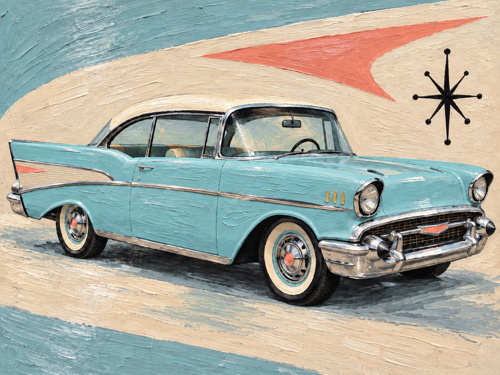 Живописное изображение Chevrolet Bel Air 1957 года в бирюзовом цвете, источник формы и палитры часов Bel Air 57