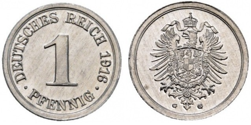 Германия 1 пфенниг, 1916 - 1918 Герб XF