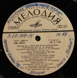 Винтажная виниловая пластинка LP Песни На Стихи Василия Пухначева (СССР 1978)