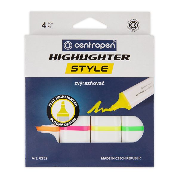 Набор текстовыделителей HIGHLIGHTER STYLE 6252/4 КК-4 1-4 мм, 4 цв. скошенное, 6252/4 КК-4 FLUO, Centropen 6252/4 КК-4