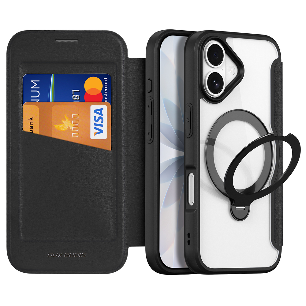 Прозрачный чехол книжка с поддержкой MagSafe от Dux Ducis для iPhone 17, серия Skin X Pro Series Case (версия с магнитной откидной подставкой)