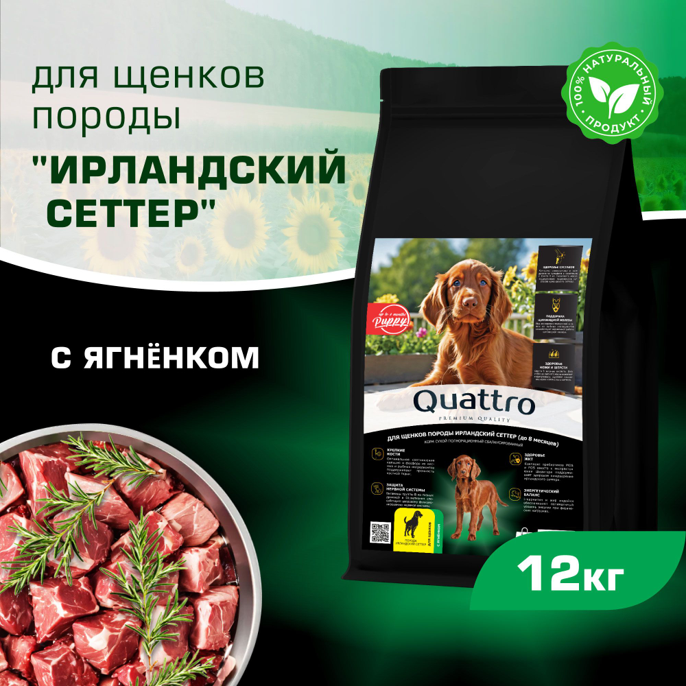 Корм сухой для щенков породы Ирландский сеттер, премиум полнорационный комплекс, с ягненком, 12 кг, QUATTRO