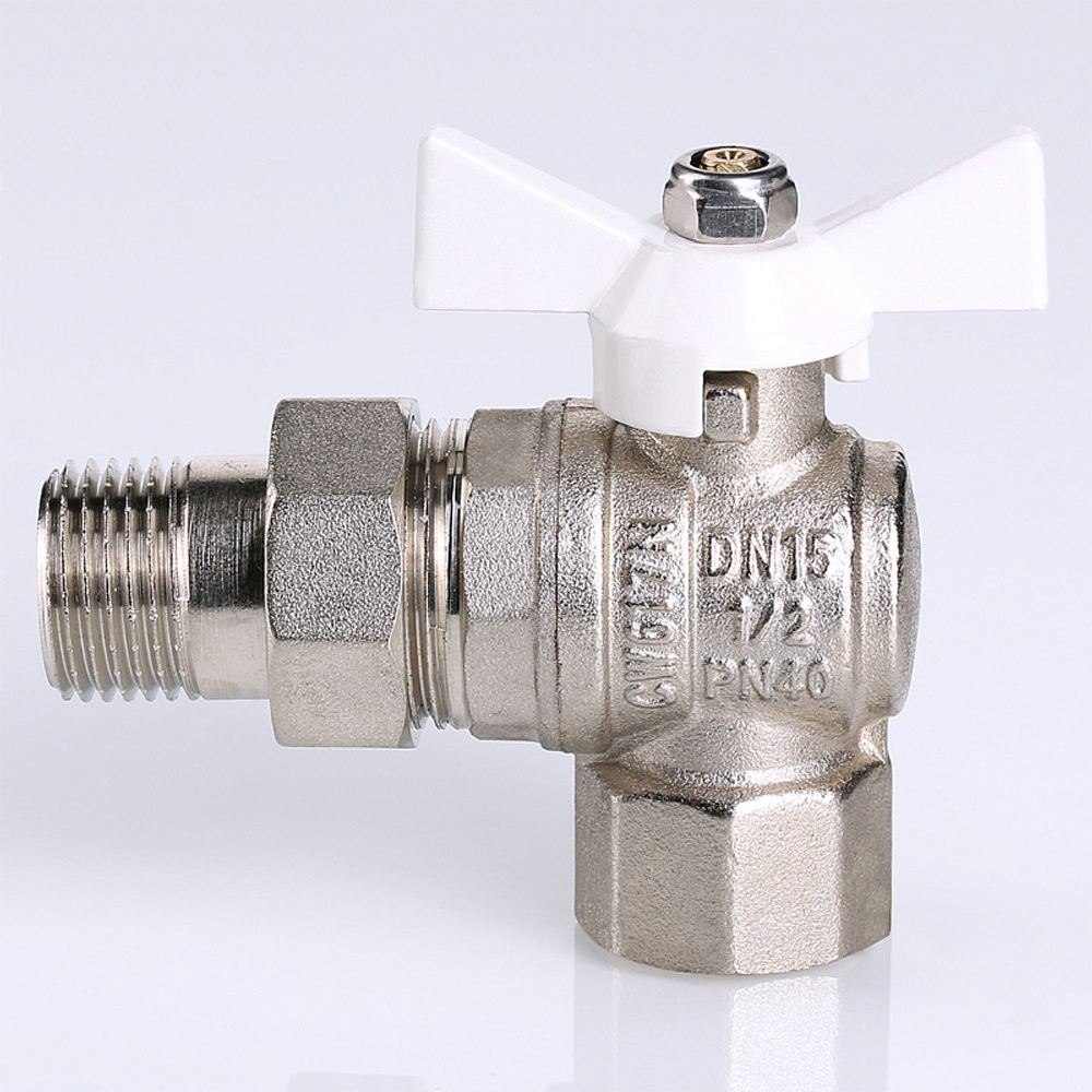 Кран шаровой Valtec BASE угловой с полусгоном 1/2" вн.-нар. белая рукоятка (VT.228.NW.04)