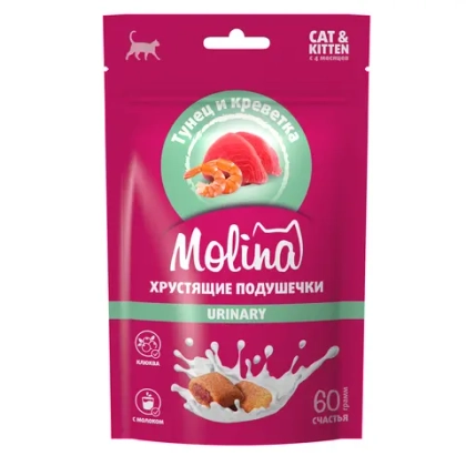 MOLINA Лакомство для кошек и котят «Хрустящие подушечки с начинкой из Тунца и Креветок», Профилактика МКБ, 60 г