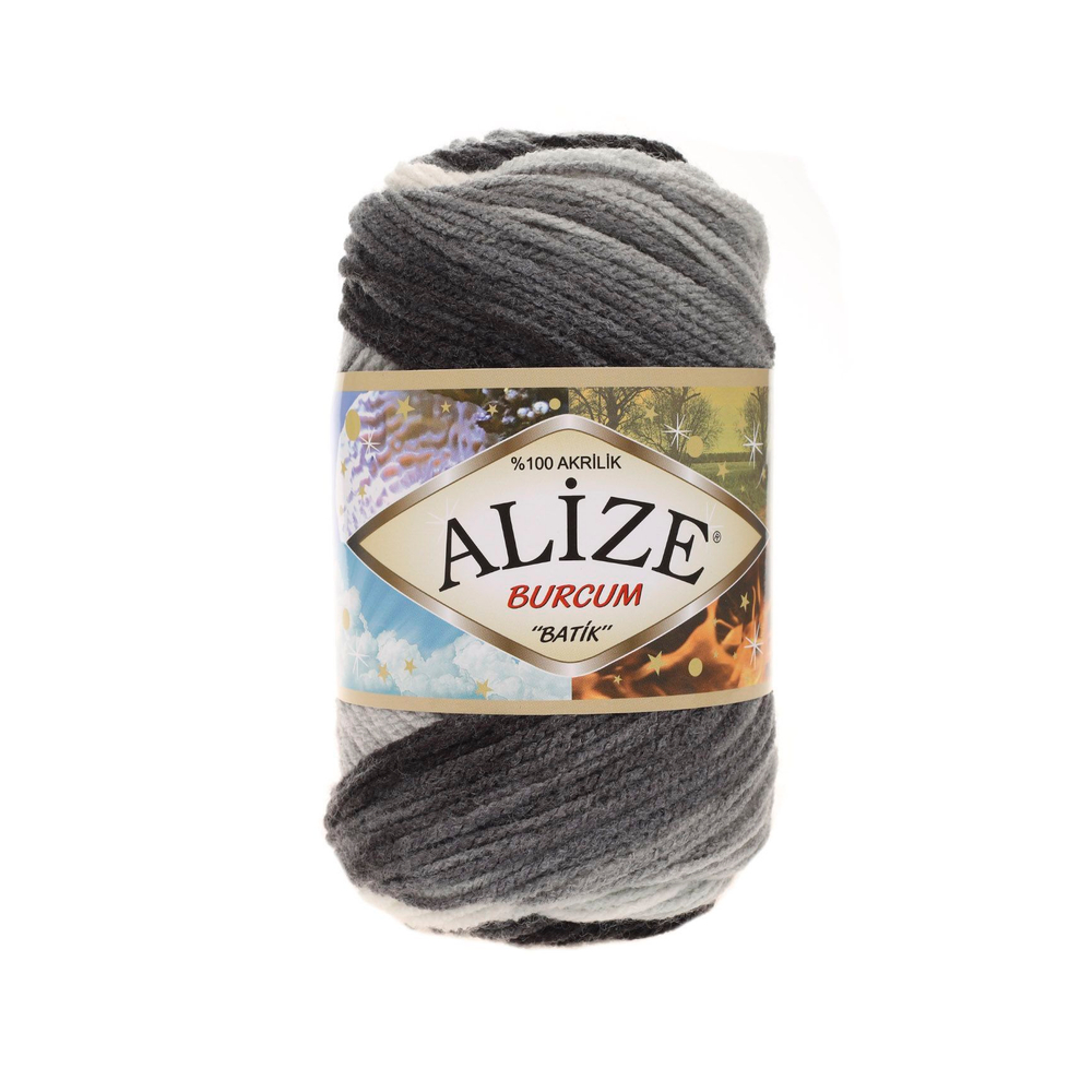 Бурджум батик (Burcum batik) пряжа Alize 100%акрил 5х100г/210м (1900 бело-серый-черный)