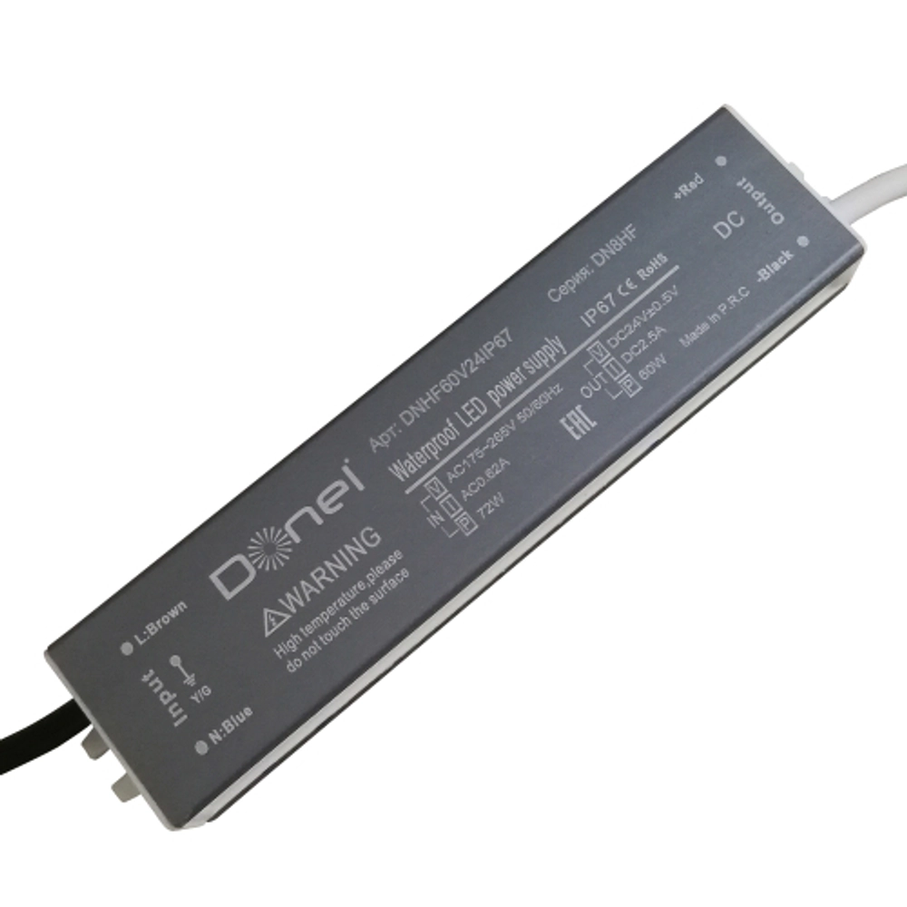 Блок питания для светодиодной ленты,  DC24В  60Вт 2.5А IP67,  размер 180х40х23мм   Артикул: DNHF60V24IP67