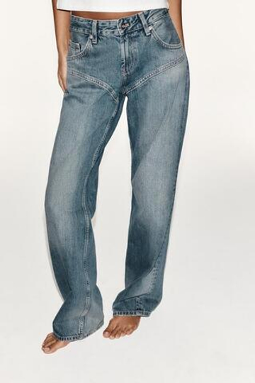 ZARA ДЖИНСЫ TRF STRAIGHT С НИЗКОЙ ПОСАДКОЙ И ШВАМИ, СИНИЙ