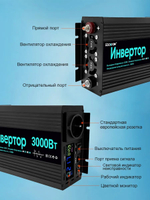 Инвертор 12V-220V 3000W черный RDDSPON чистый синус