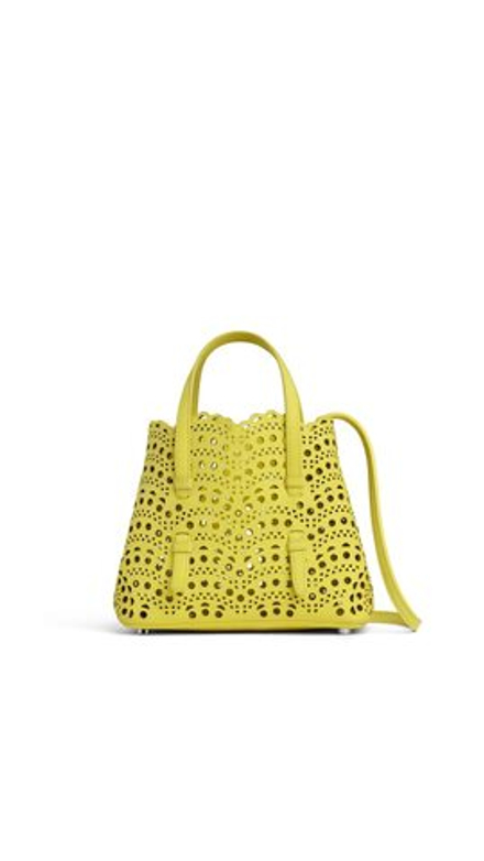 ALAÏA СУМКА MINA 20 ИЗ НУБУКА, ЛИМОННО-ЖЕЛТЫЙ