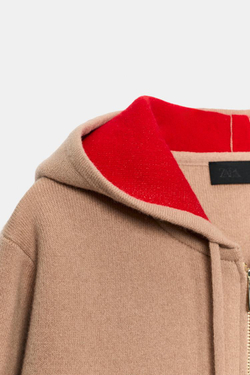 ZARA КУРТКА ИЗ 95% ШЕРСТИ С КАПЮШОНОМ, РЫЖЕВАТО-КОРИЧНЕВЫЙ