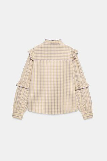 ZARA БЛУЗА В КЛЕТКУ С ВОЛАНАМИ, ЦВЕТ МАЛЬВЫ
