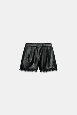 ZARA ШОРТЫ ИЗ ИСКУССТВЕННОЙ КОЖИ С КРУЖЕВОМ, ЧЕРНЫЙ