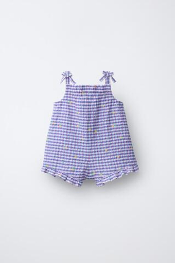 ZARA КОМБИНЕЗОН В КЛЕТКУ ВИШИ С ВЫШИТЫМИ ФРУКТАМИ, СИНЕВАТЫЙ