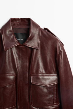 Massimo Dutti Бомбер из кожи наппа с карманами, гранатовый
