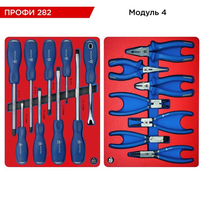 МАСТАК (52-06282B) Набор инструментов 282 предмета, "ПРОФИ 282", в синей тележке