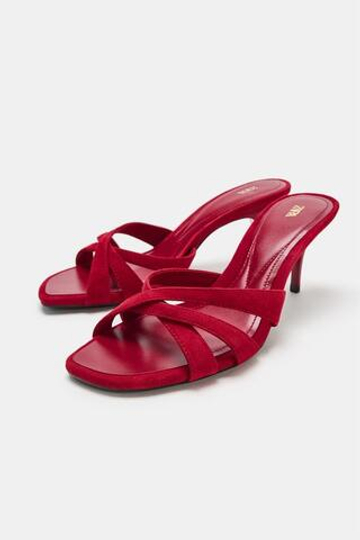 ZARA КОЖАНЫЕ БОСОНОЖКИ НА КАБЛУКЕ, КРАСНЫЙ