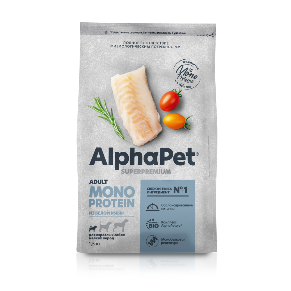 Сухой корм ALPHAPET SUPERPREMIUM MONOPROTEIN для взрослых собак мелких пород из белой рыбы 1,5 кг Сухой корм ALPHAPET SUPERPREMIUM MONOPROTEIN для взрослых собак мелких пород из белой рыбы 1,5 кг