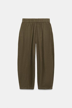 ZARA БРЮКИ BARREL ИЗ ЛЬНА, ХАКИ